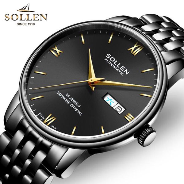 

original sollen fashion men watch brand ultra-thin automatic watch men calendar waterproof business mechanical watches 2019, Slivery;brown