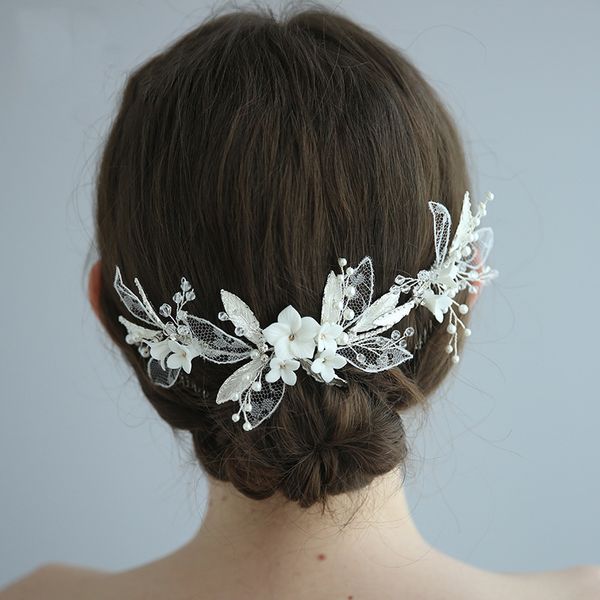 

handmade long bridal hair combs crystal pearl headpieces flower leaf headdress party headband bride accessories wedding jewelry, Golden;white