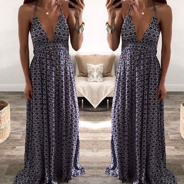 

womens maxi boho dresses v-neck floral summer sleeveless beach long backless evening party dress, Black;gray