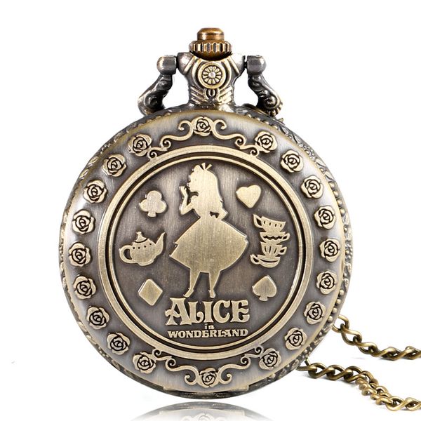 

vintage bronze alice in wonderland alice and mr. design quartz pocket watch speical fob watch lady girl gift drop shipping, Slivery;golden