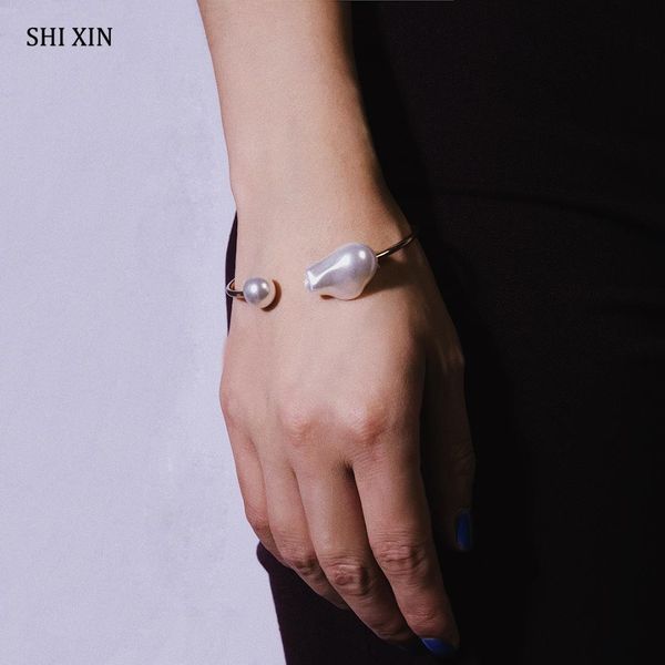 

shixin 2019 fashion korean irregular baroque pearls bangles bracelets summer charm open cuff bracelets for women jewelry gifts, Black
