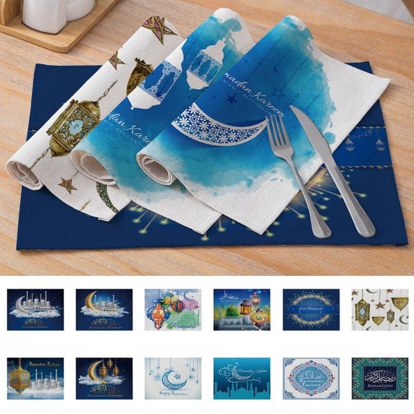 Muçulmano, Algodão, Linho Ocidental Pad Eid Mubarak Cozinha Placemat Mesa de Jantar Mat 42 * 32 centímetros Ramadan Home Decor