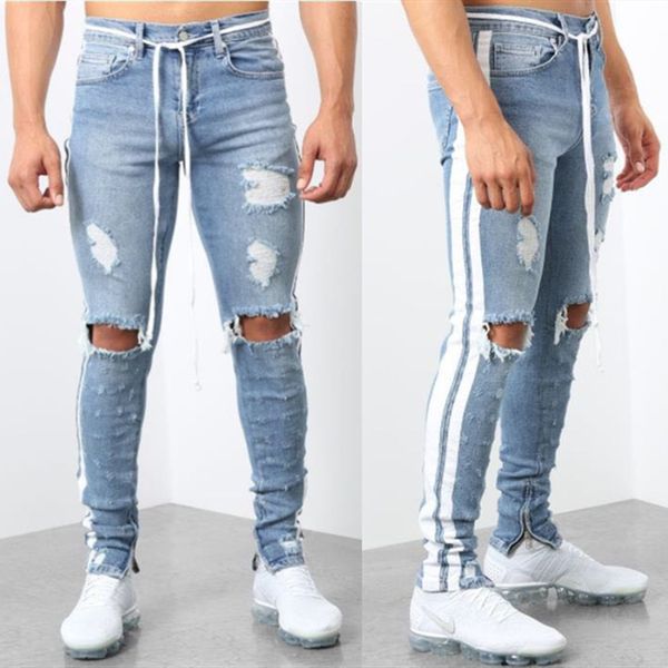 

mens designer knee hole zipper ribbon jeans men, Blue