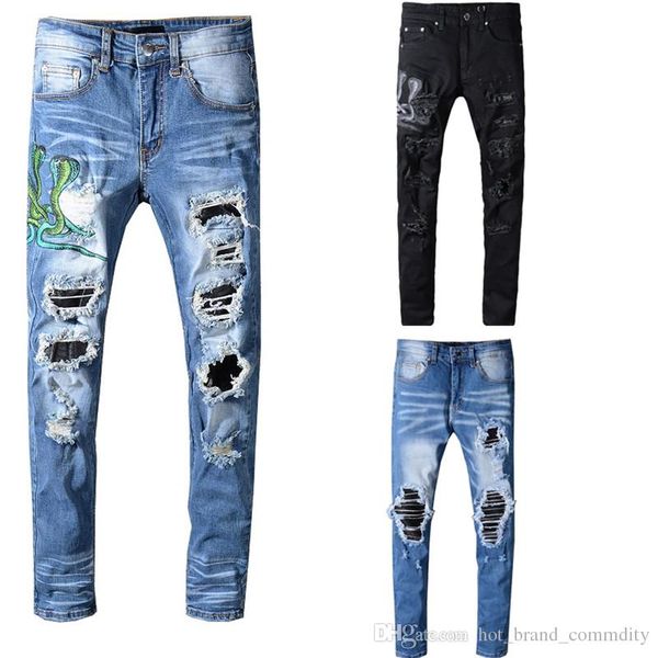 

amir узкие джинсы для мужчин рваные отверстия джинсы мотоцикла байкер джинсовые брюки мужчины марка дизайнер hip hop мужские джинсы, Blue