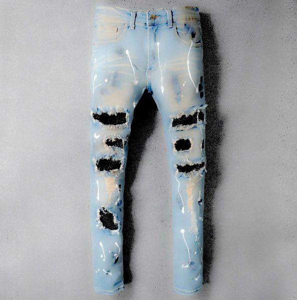 

мужские проблемные ripped тощий модельер шорты слим мотоциклов мото байкер причинная arn3 мужские джинсовые брюки хип-хоп дизайнер, Blue