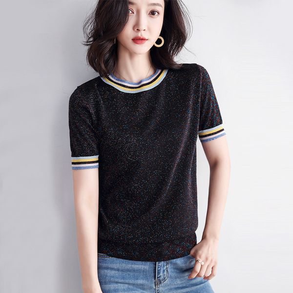 

women's sweaters knitted pullovers women summer light silk o neck short sleeve casual jumpers striped pull femme woman knit, White;black