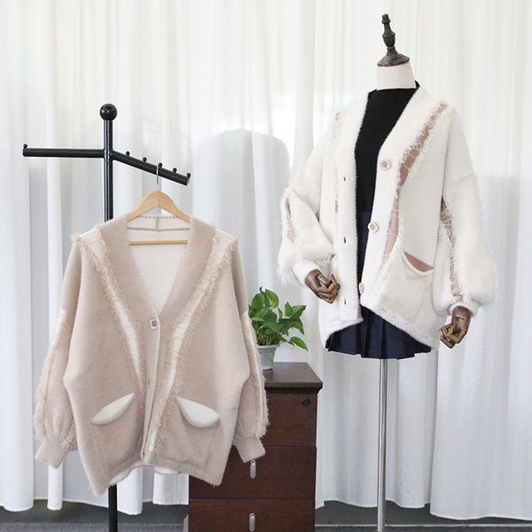 

fashionable mink-like cardigan jacket female autumn and winter korean version loose sweater with 12 stitches, White;black