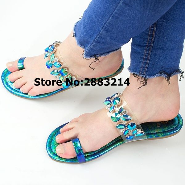 

green gold silver champagne ring toe crystal embellished lady flats slippers gladiator sandals chic street style woman slides, Black