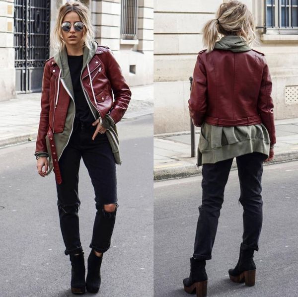 

autumn women leather jackets fashion lapel neck zipper fly coats casual solid color women outerwear with button women clothing, Black;brown