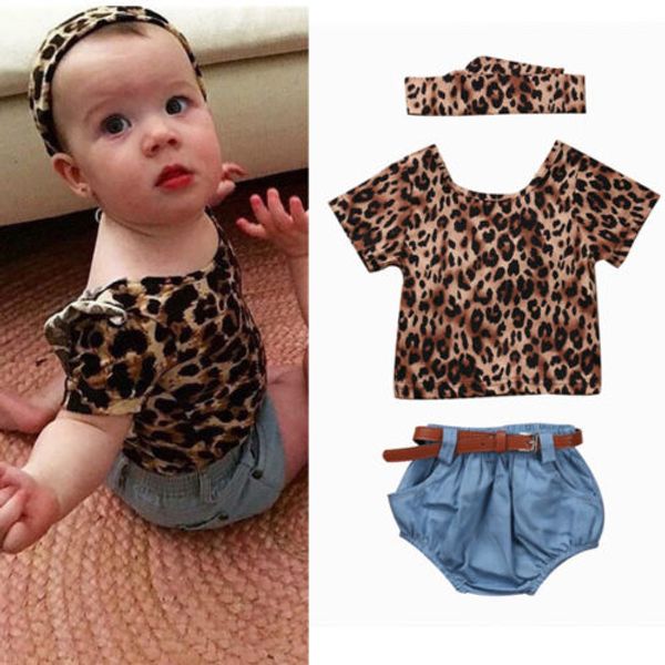 

4PCS Newborn Infant Baby Girls Leopard Short Sleeves Ruffles Blouse Tops+Denim Shorts Romper Headhand Belt Jeans Clothes Outfits