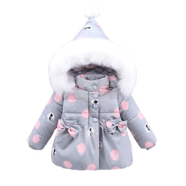 

rlyaeiz children's coat 2018 autumn winter jacket for girls kids fashion polka dot printed fur collar hooded warm parka outwear, Blue;gray