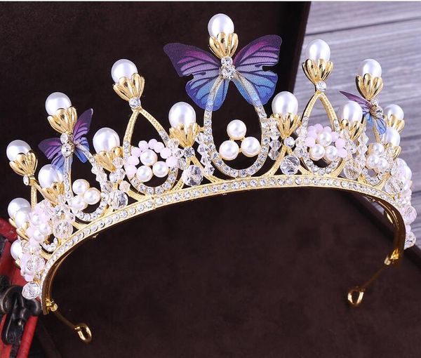 

luxury rhinestone butterfly bridal tiara crown pearls crystal veil tiaras wedding hair accessories headpieces