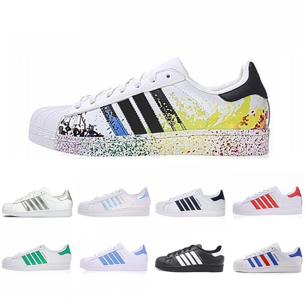 

fashion superstars running shoes white hologram iridescent junior superstar 80s pride womens mens trainers designer 36-44 elecar, White;red