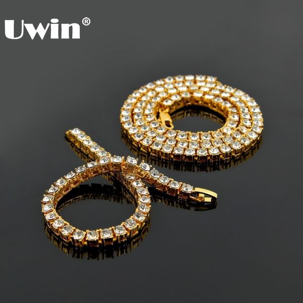 

uwin 1 row iced tennis chain & bracelet fashion hiphop jewelry set gold /white gold 5mm necklace full rhinestones for men women, Silver