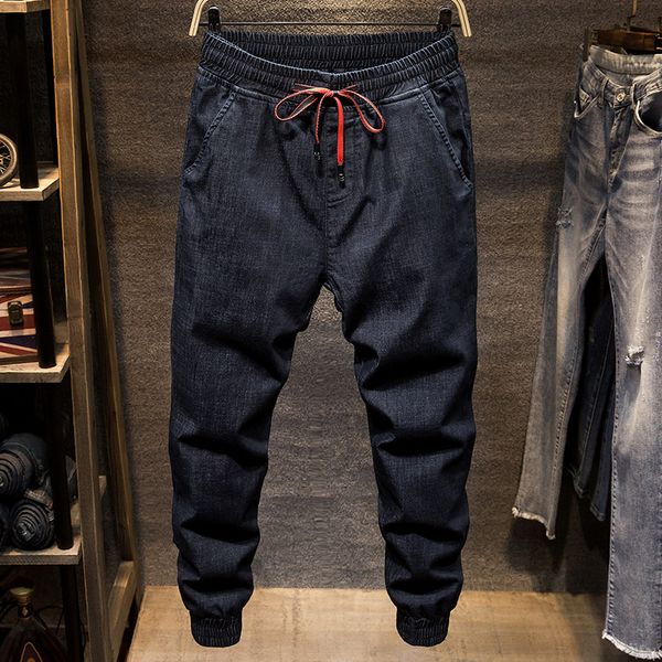 

denim stretch elastic waist jeans men blue cargo drawstring harem jeans homme 100% cotton plus size full length pants