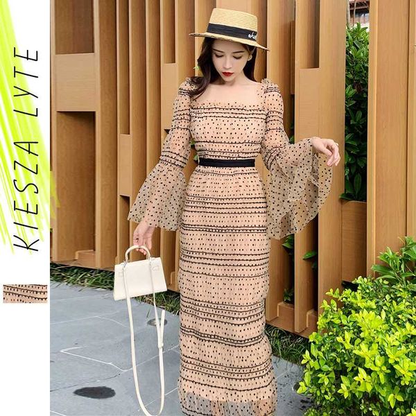 

women's dot dress 2020 new summer french runway style retro slim square collar fold long flare sleeve dresses robe, Black;gray