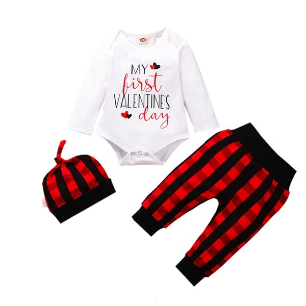 

новых малыши детской одежда хлопок bodysuit + кальсоны + hat 3шт девочки мальчики valentine \ 's day письмо печати с длинным рукавом плед бр, White