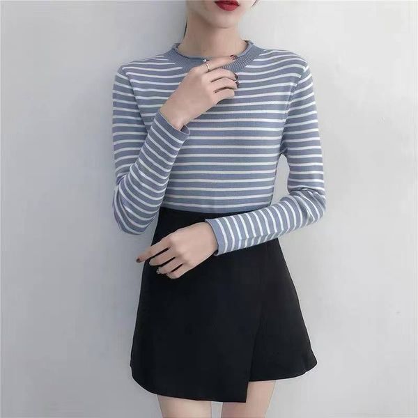

gruiiceen new autumn korea style half high collar stripe knitted sweaters woman long sleeve pullover gy2019013, White;black