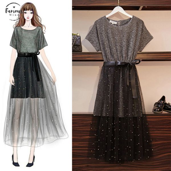 

2pcs set summer elegant women dresses set ladies cotton t shirt mesh femme dress set, Black;gray