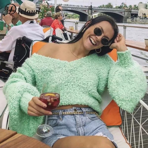 

dicloud v neck oversize pullover women winter 2019 balloon sleeve lazy loose cotton sweaters green jumper fashion female, White;black