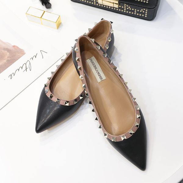 

fashion new woman women lady 2019ss poined toes casual rivets spikes studded flats loafer shoes white patent leather slipper, Black