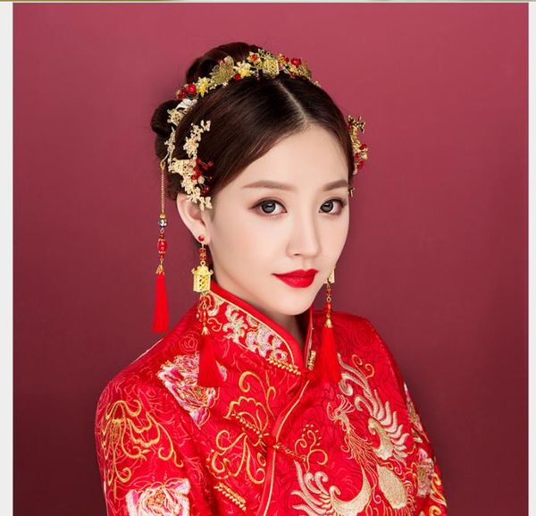 

antique headdress set retro hair decoration cheongsam phoenix crown red handmade accessories in 2019, Slivery;golden