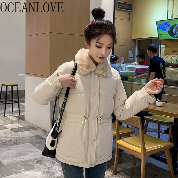 

oceanlove fur collar thick winter coat women student solid zipper warm parkas 2019 single breasted pockets jacket fashion 13127, Black
