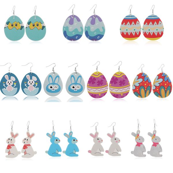 

s1060 fashion jewelry women's pu leather earrings double-sided printing cartoon bunny flower faux leather dangle earrings, Silver
