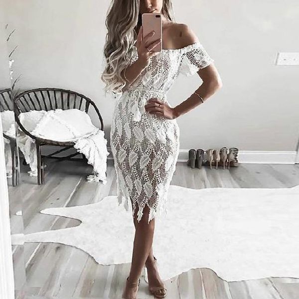 

women's dress elegant short sleeve fashion one-shoulder sleeveless lace party pencil white dress, Black;gray