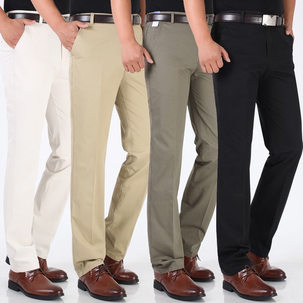 

summer men business casual pants comfortable straight loose thin dress pants classic high waist cotton trousers mens suit, Black