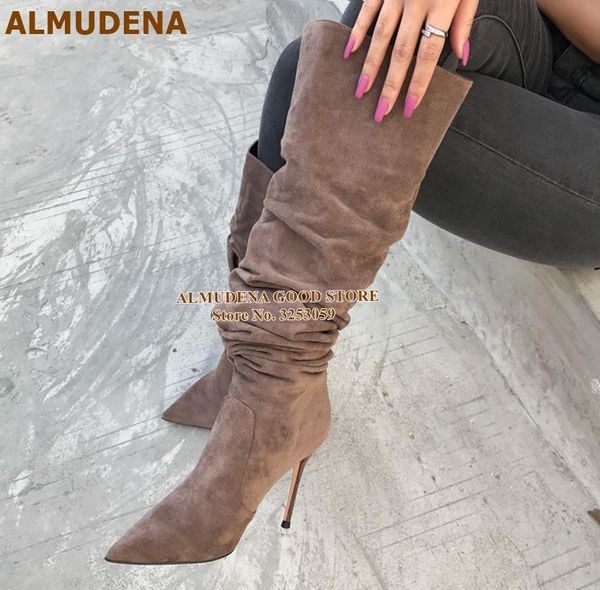 

almudena suede folded knee boots thin high heels pointed toe tall boots coffee army green suede slouch dress shoes size46, Black