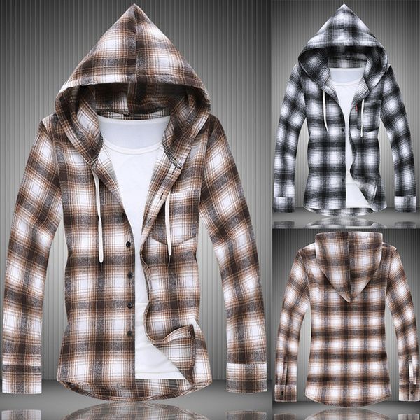 

fashion men shirts casual fashion plaid printing loose hoodie removable long sleeve shirt blusa masculina, White;black