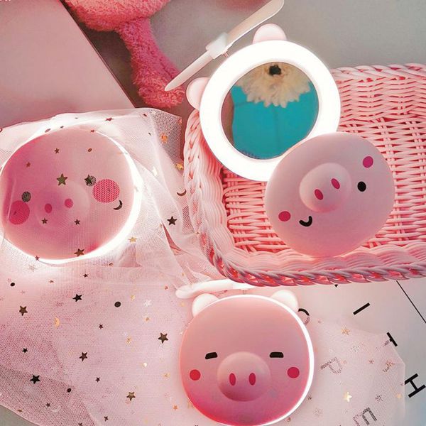 

hobbylane 1pcs portable led cartoon pig fill light makeup mirror fan bright adjustable usb charging portable handheld mini fan good quality