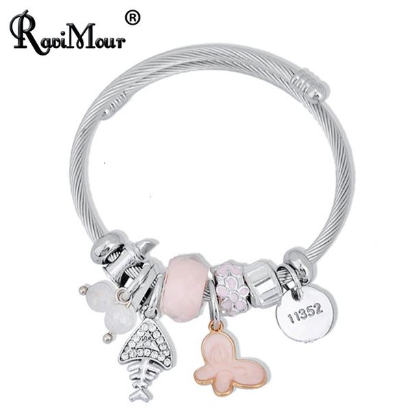 

brand punk fish bone stainless steel bracelets & bangles women jewelry enamel butterfly letter charm luxury bijoux femme armband, Black
