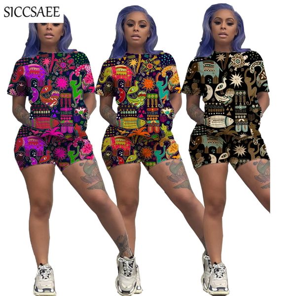 

2020 summer style animal cartoon printed short sets casual outfits cute playsuits two piece set loose plus size clothing, White