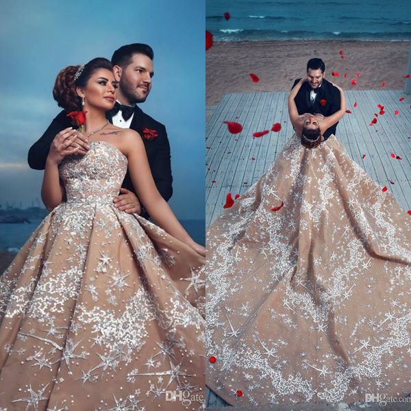 

romantic champagne wedding dresses strapless backless lace bridal gowns with cathedral train dubai plus size country wedding dress custom, White