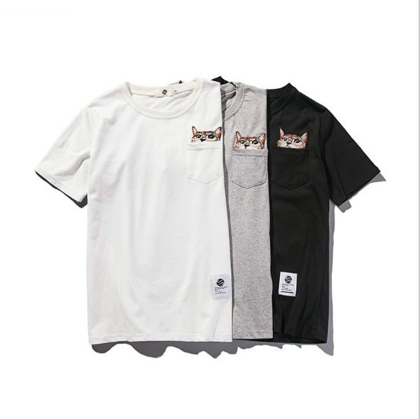 

2019 mens summer new tshirt pocket cat embroidered tee neutral solid color loose short sleeve round neck asian size m-2xl wholesale, White;black