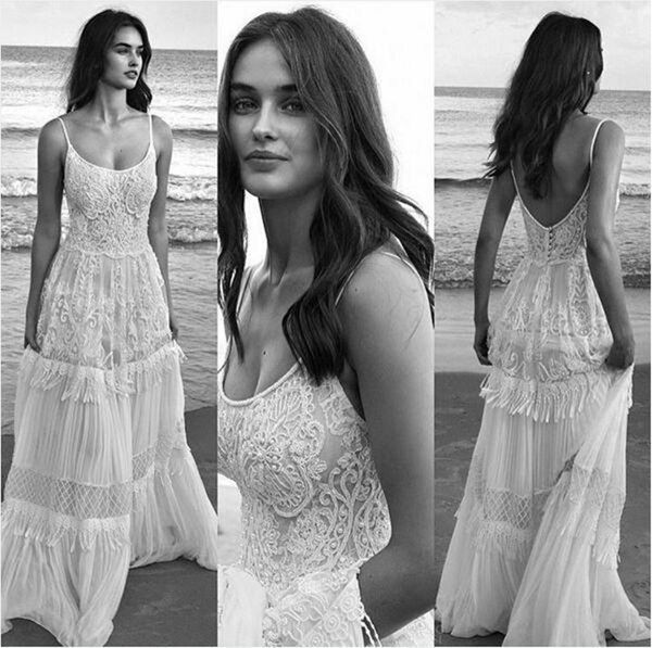 

lihi hod 2019 new fashion vintage summer holiday beach lace wedding dresses spaghetti backless boho bohemain a-line wedding gown 345, White
