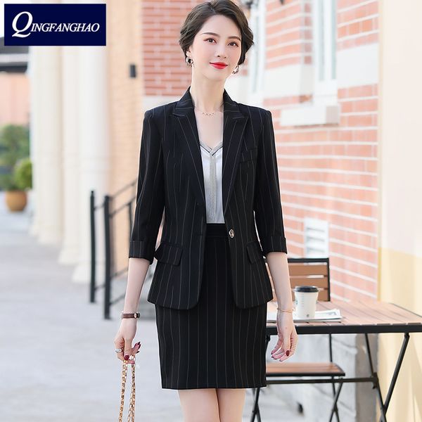 

2020 new striped office suit ladies middle-sleeved blazer fashion temperament l manager work clothes white-collar, White;black