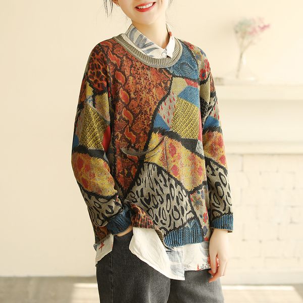 

2020 spring sweater retro women knitting o-neck pullovers new ladies loose casual print geometric all-match sweater, White;black