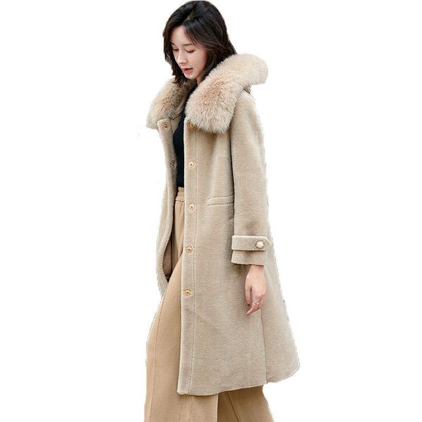 

women 2019 winter real fur collar natural sheep shearing fur coat female thicken warm overcoat abrigos mujer invierno m90, Black