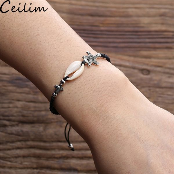 

starfish shell beach bracelet adjustable sea turtle rope braided bracelets for men and women personality summer holiday jewelry, Black