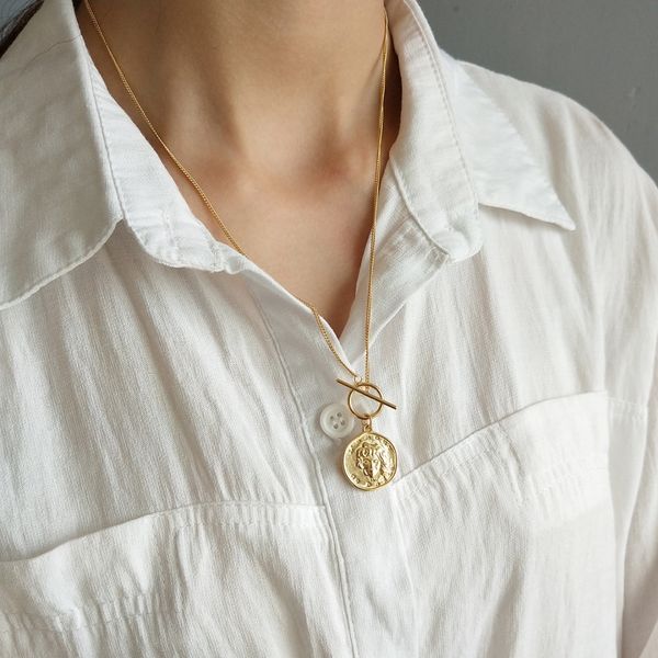 

925 sterling silver jewelry yellow gold ot clasp necklace women gift irregular round coin portrait pendant charm necklaces