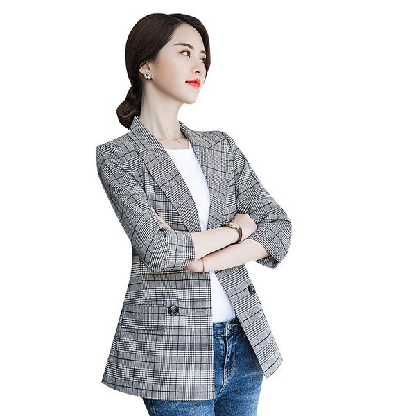 

fashion plus size double breasted plaid blazer women long sleeve slim blazer 2020 casual spring jacket female, White;black