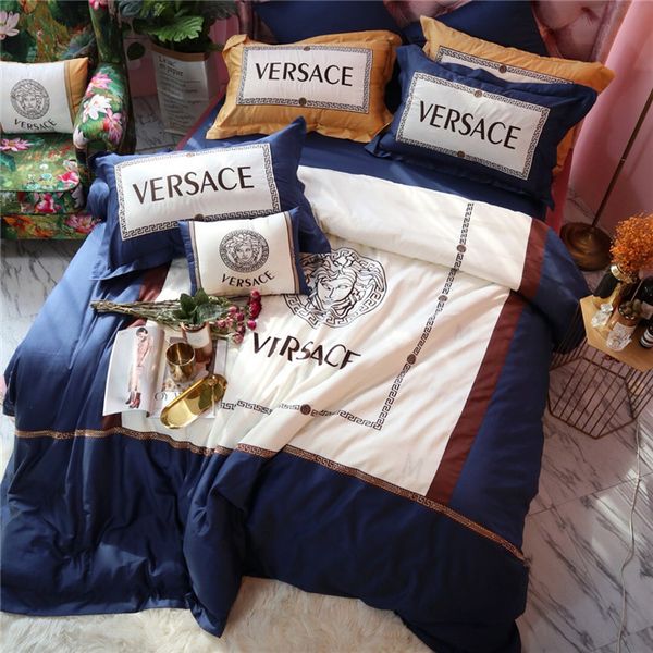 Dark Blue Gold Top Embroidery Bedding Sets Etter Embroidery Cotton