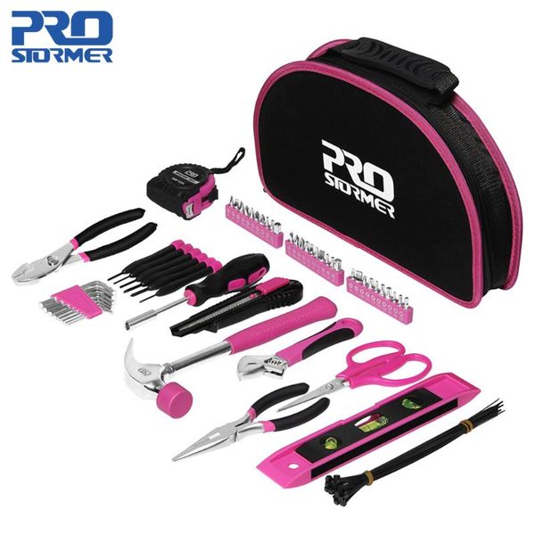 

prostormer 69pcs tool sets woodworking hand repair tools girls household diy knife screwdrivers wrench pink with tool bag