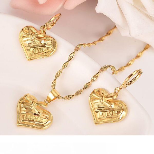 

14k solid fine gold filled love lovely heart necklace pendant earring set women jewelry sets png dubai gift fashion, Silver