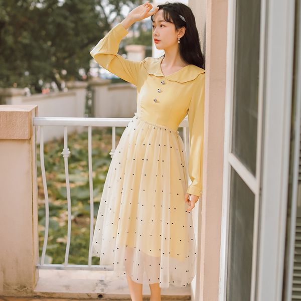 

shein 2020 spring and autumn women's vestidos de verano retro ropa mujer doll collar idyllic yellow long sleeve mesh dot dress, Black;gray