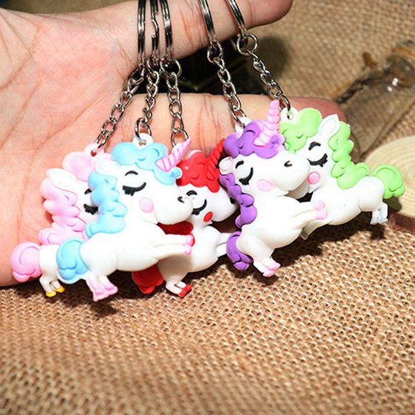 

cartoon soft pvc unicorn keychain rubber 3d anime cute unicorn horse key chain women bag charm key ring pendant gifts kids toy, Silver