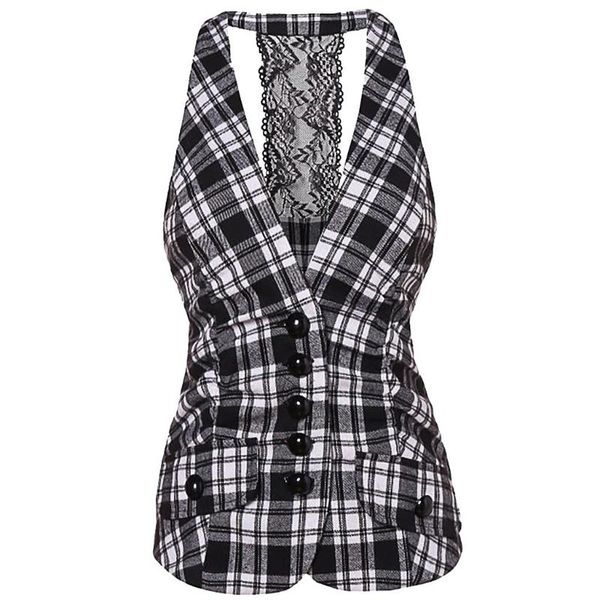 

v-neck summer t shirt women new arrivals sleeveless lace t shirt women panel checked plaid button vest#g10, White